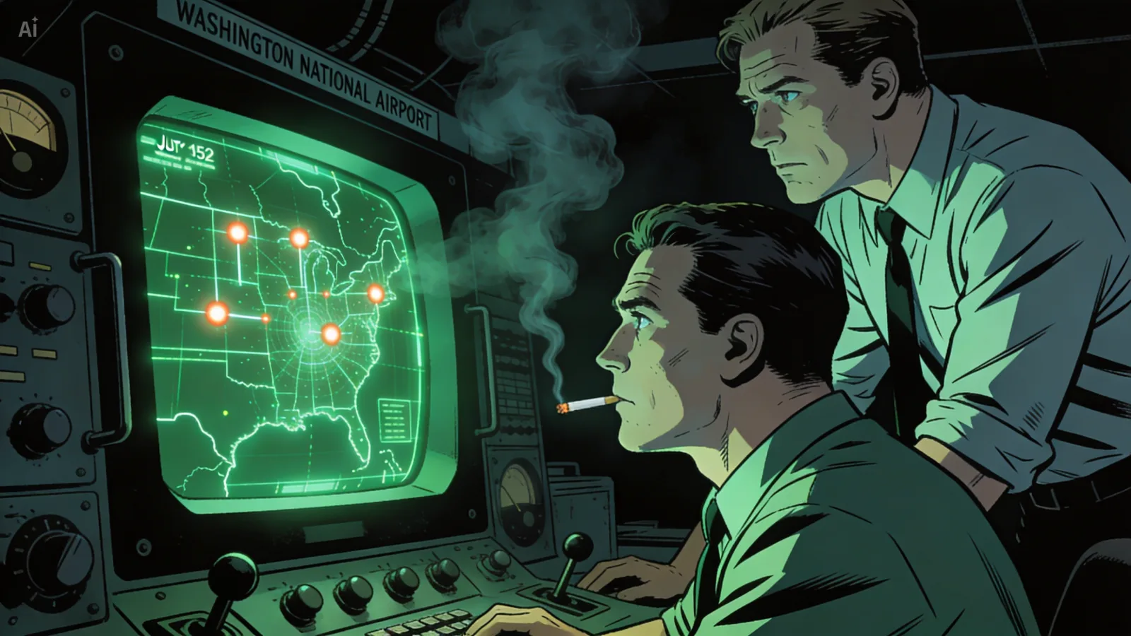 Washington National Airport, the radar room, 11:40 PM, Saturday July 19 1952. Two air traffic controllers — Edward Nugent at the scope, his supervisor Harry Barnes leaning over his shoulder — stare at a green CRT showing a map of the eastern US. Seven orange blips cluster over Washington DC. Cigarette smoke curls between them.