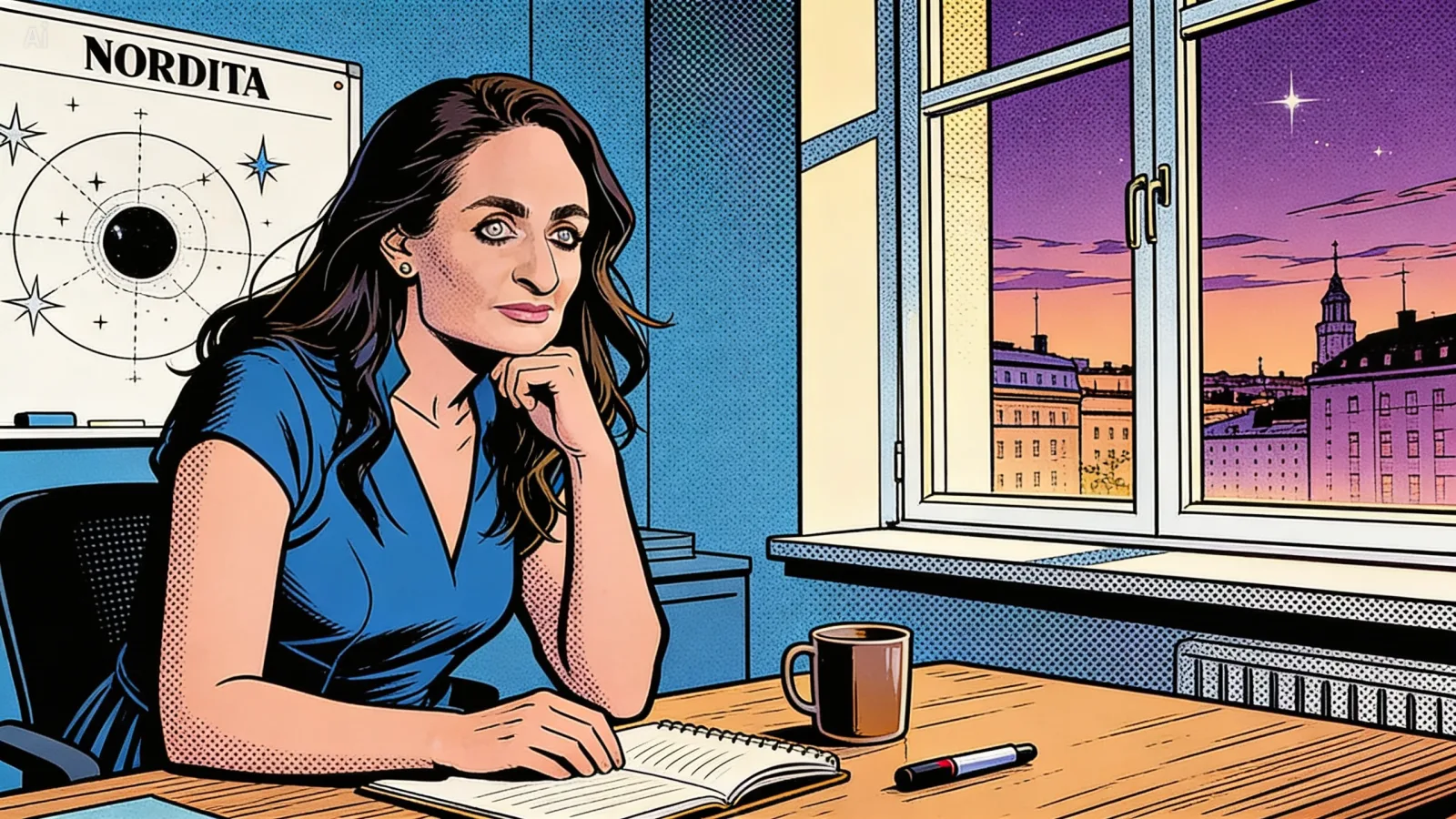 Dr. Beatriz Villarroel sitting in contemplation in her NORDITA office in Stockholm. The idea has crystallised — now she has to commit to it.