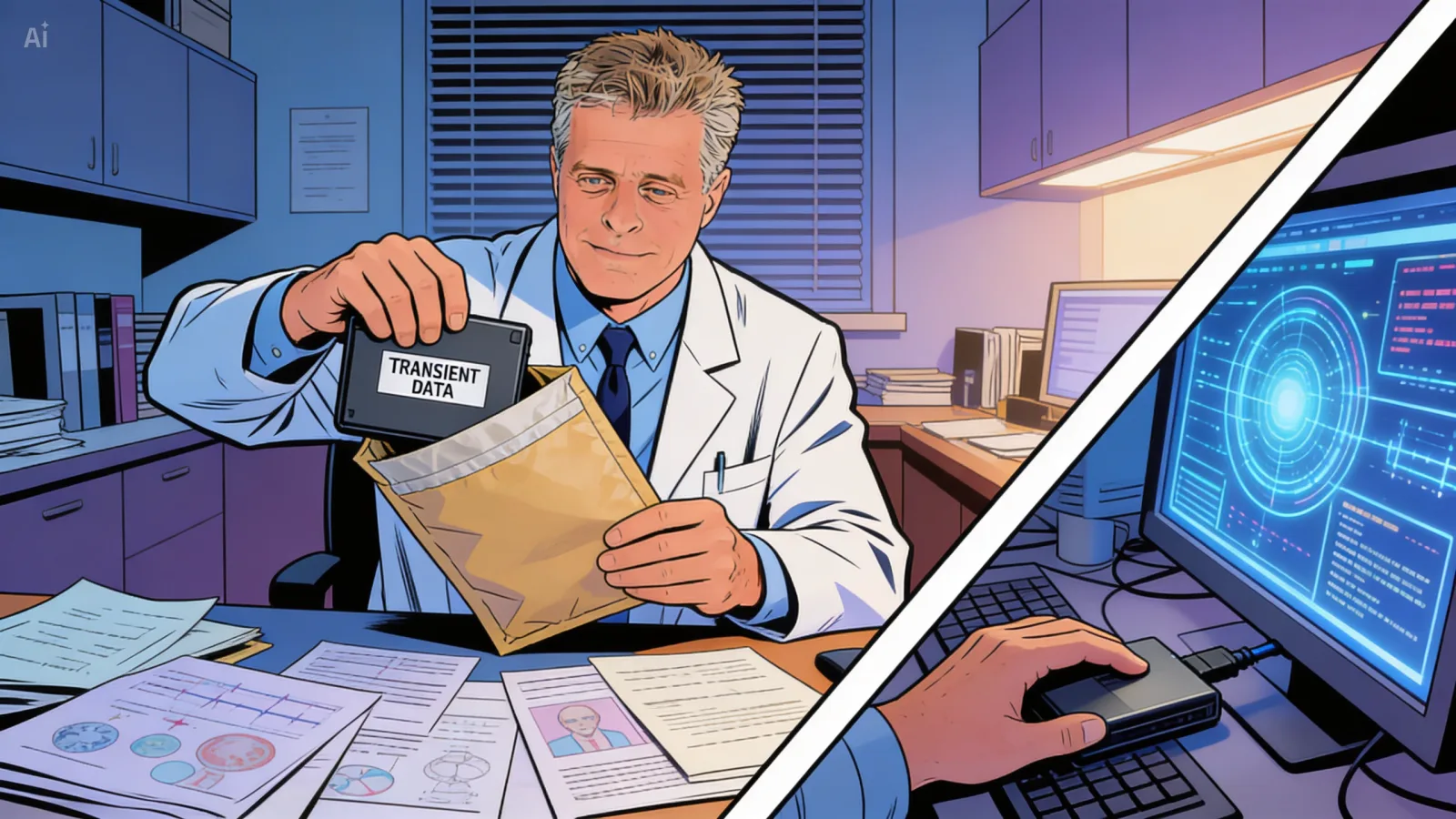 A two-scene 16:9 panel. Left: Dr. Stephen Bruehl in his Vanderbilt office, pulling a hard drive marked 'TRANSIENT DATA' from a padded mailer; printouts from Villarroel scattered across the desk. Right: moments later, the same office, Bruehl at his monitor running the statistical analysis on the data.