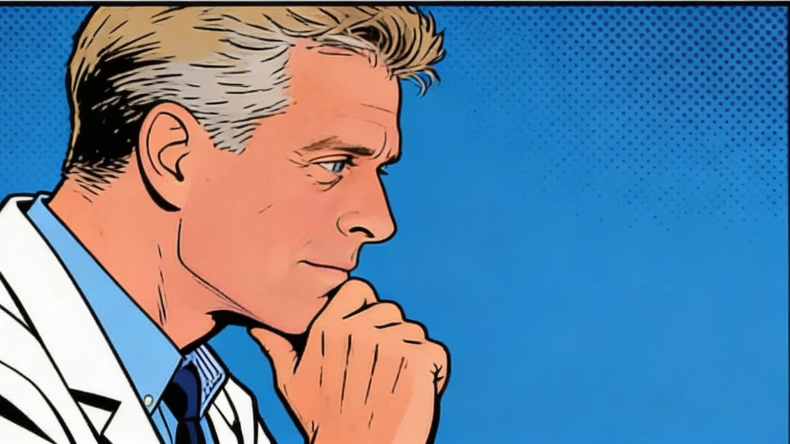 Side-profile portrait of Dr. Stephen Bruehl in his lab coat, hand to chin in thought, against a deep blue halftone background.