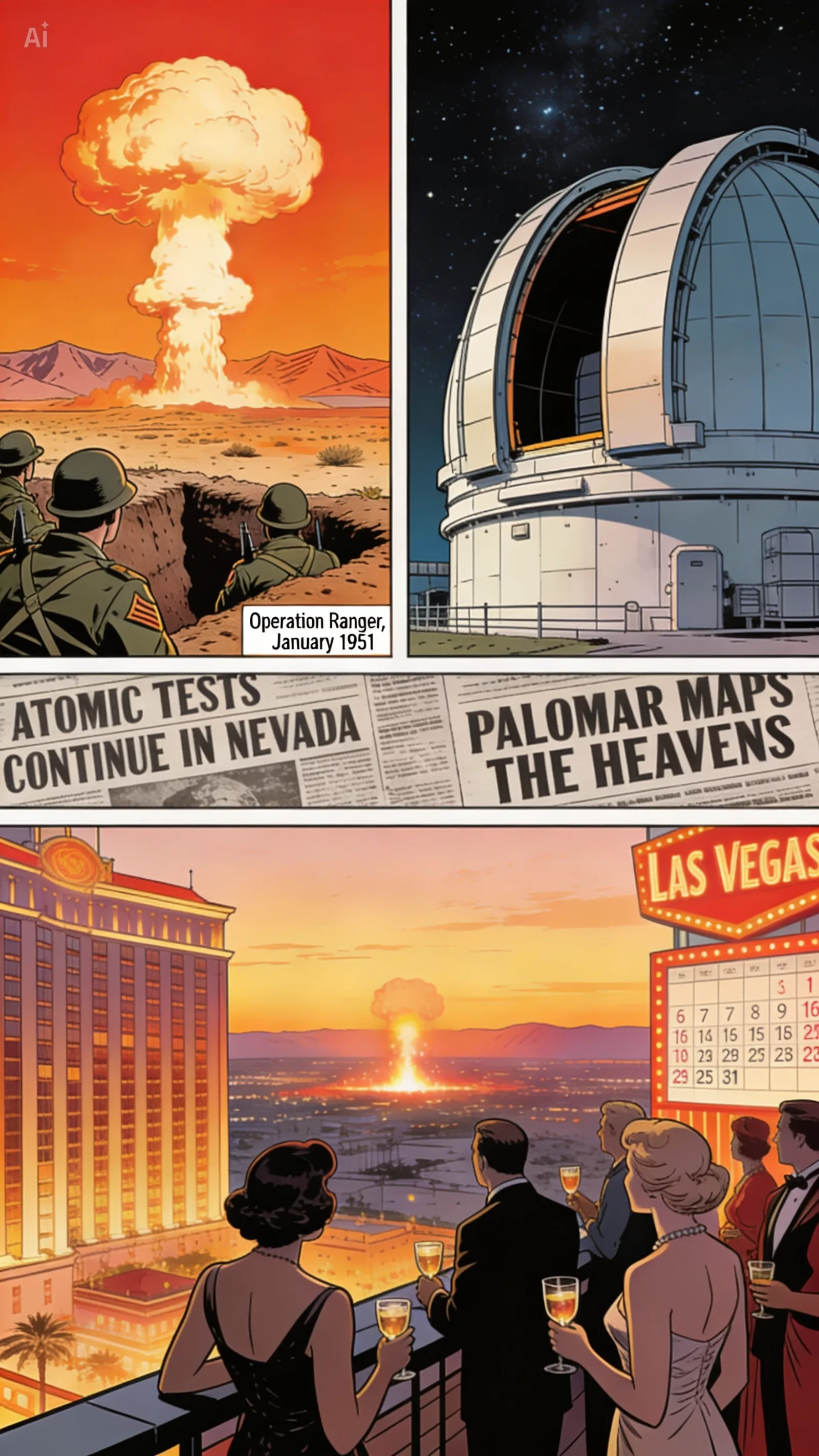 A four-panel 1950s montage. Top left: a mushroom cloud rises over the Nevada desert as soldiers in trenches watch — 'Operation Ranger, January 1951.' Top right: the 48-inch Palomar dome under a star-filled sky. Middle: two newspaper strips — 'ATOMIC TESTS CONTINUE IN NEVADA' and 'PALOMAR MAPS THE HEAVENS.' Bottom: well-dressed couples on a Las Vegas hotel rooftop at dawn, drinks in hand, watching a distant blast on the horizon — the 'Atomic Cocktail' era.