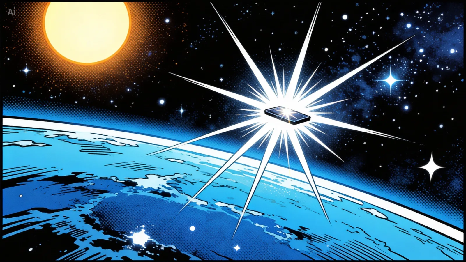 A speculative rendering in the spirit of the 2021 paper: Earth's curved limb, the Sun on the horizon, a brilliant specular flash of sunlight glinting off a small object in near-Earth orbit.