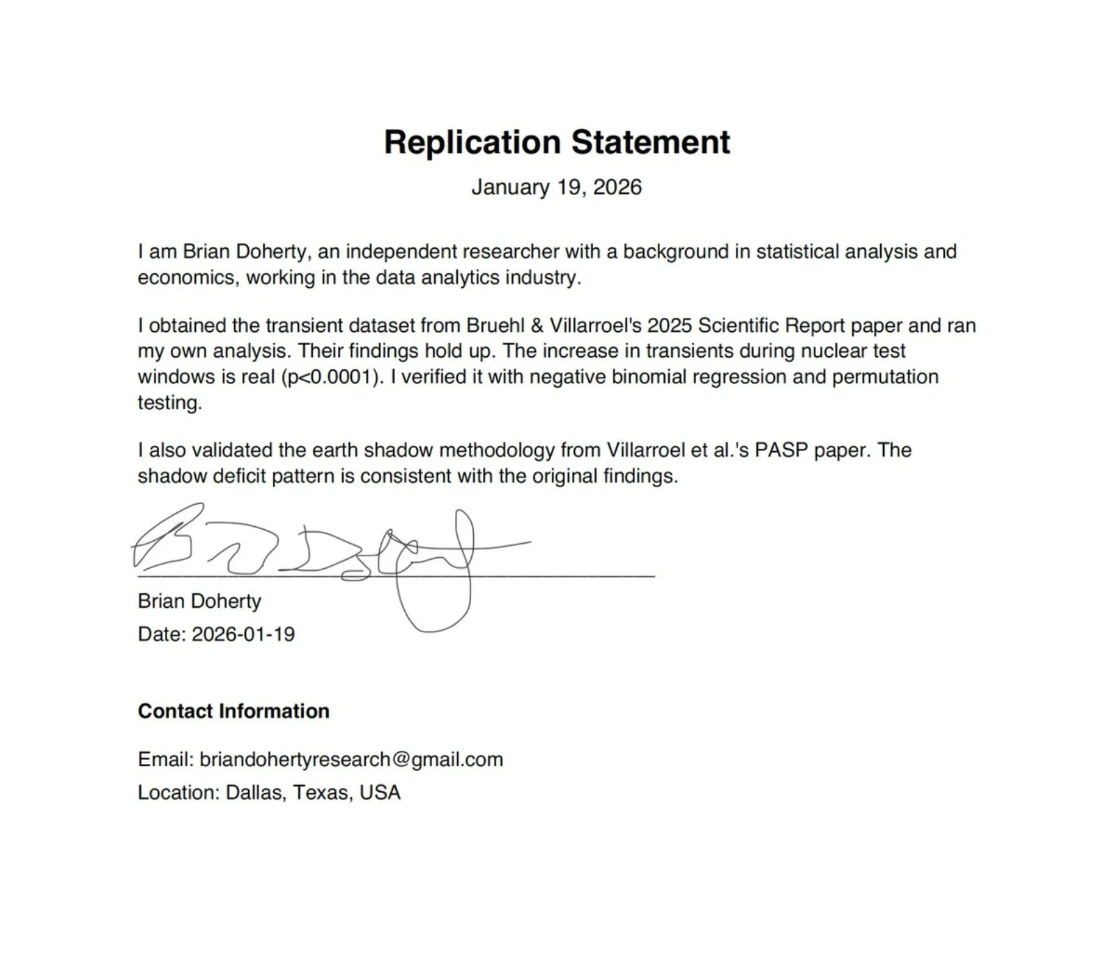 Brian Doherty's signed Replication Statement (2026). He confirms that the Bruehl & Villarroel 2025 nuclear-test correlation holds (p < 0.0001) using negative binomial regression and permutation testing, and that the Earth shadow methodology from Villarroel et al.'s PASP paper also replicates.