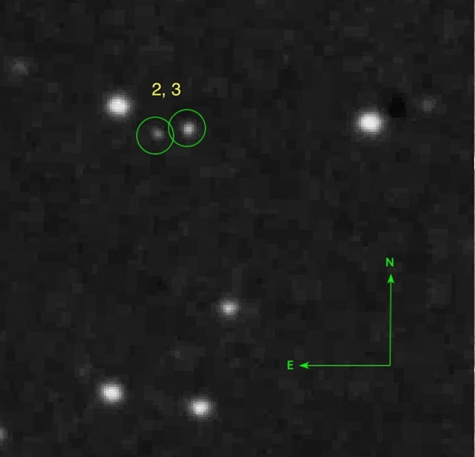 Plate cutout showing transients #2 and #3 — paired green circles overlapping, marking two adjacent point sources on the dark sky field.