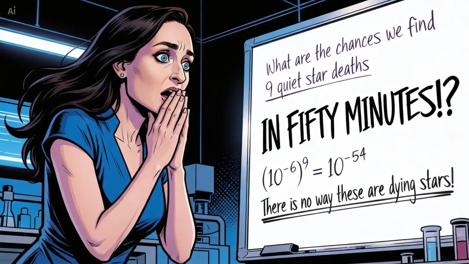 Beatriz Villarroel at a whiteboard, working out the probability that the nine transients on Plate XE 325 could be nine simultaneous supernovae. The calculation arrives at a vanishingly small probability — effectively zero. Conclusion: these are not the vanishing stars she came looking for.