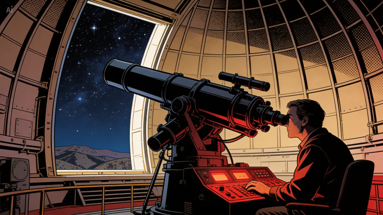 Inside the Palomar dome, July 1952. The 48-inch Schmidt camera open to a starlit sky, dark mountains visible through the dome slit. A lone observer in red light at the control console — calm, focused, working through a 50-minute exposure.