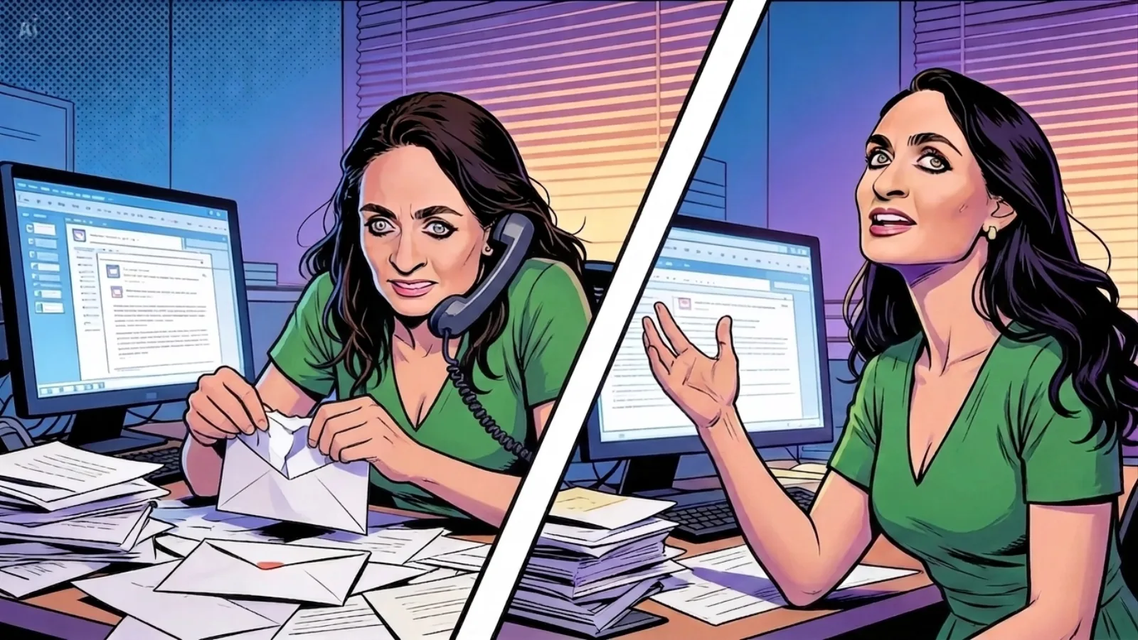 A two-scene 16:9 panel. Left: Beatriz Villarroel at her desk on the phone, opening one of many letters from press and colleagues stacked across her desk. Right: moments later in the same office, she has turned to her colleague, palm raised, animated — proposing the next move.