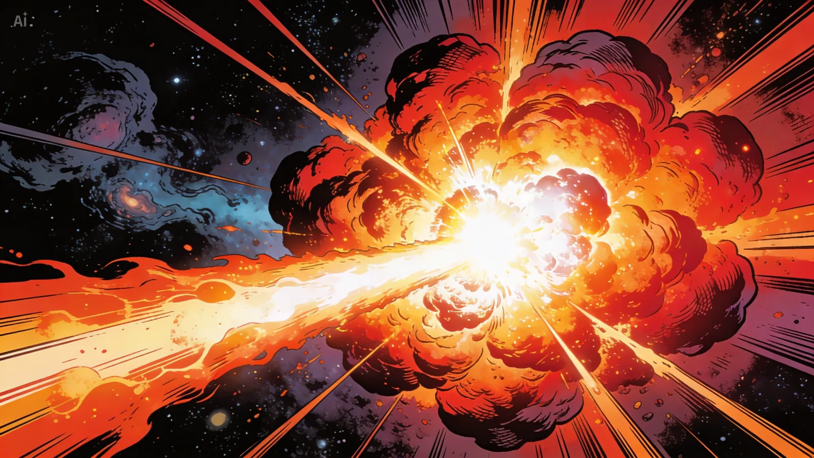 A massive star at the moment of supernova explosion — a blinding shockwave bursting outward in concentric rings of fire and electric blue light, debris and gas flung across deep space.