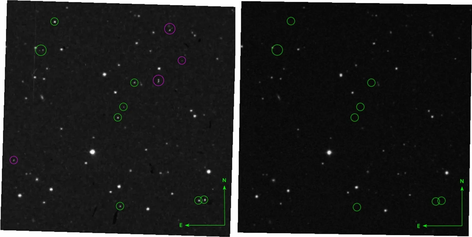 The actual blink comparison from Plate XE 325. Left: the red exposure showing nine bright pinpoint transients clustered in a small patch of sky. Right: the blue companion plate taken thirty minutes earlier — the exact same patch, but the nine sources are gone. The visual evidence at the heart of the discovery.