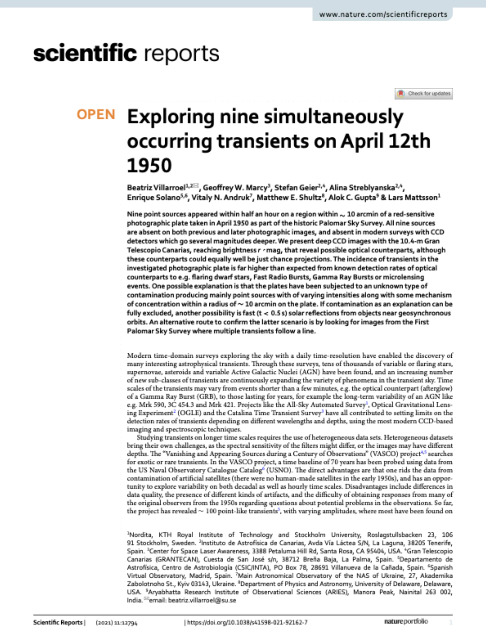 First page of Villarroel et al. 2021, 'Exploring nine simultaneously occurring transients on April 12th 1950', published in Scientific Reports, June 2021.